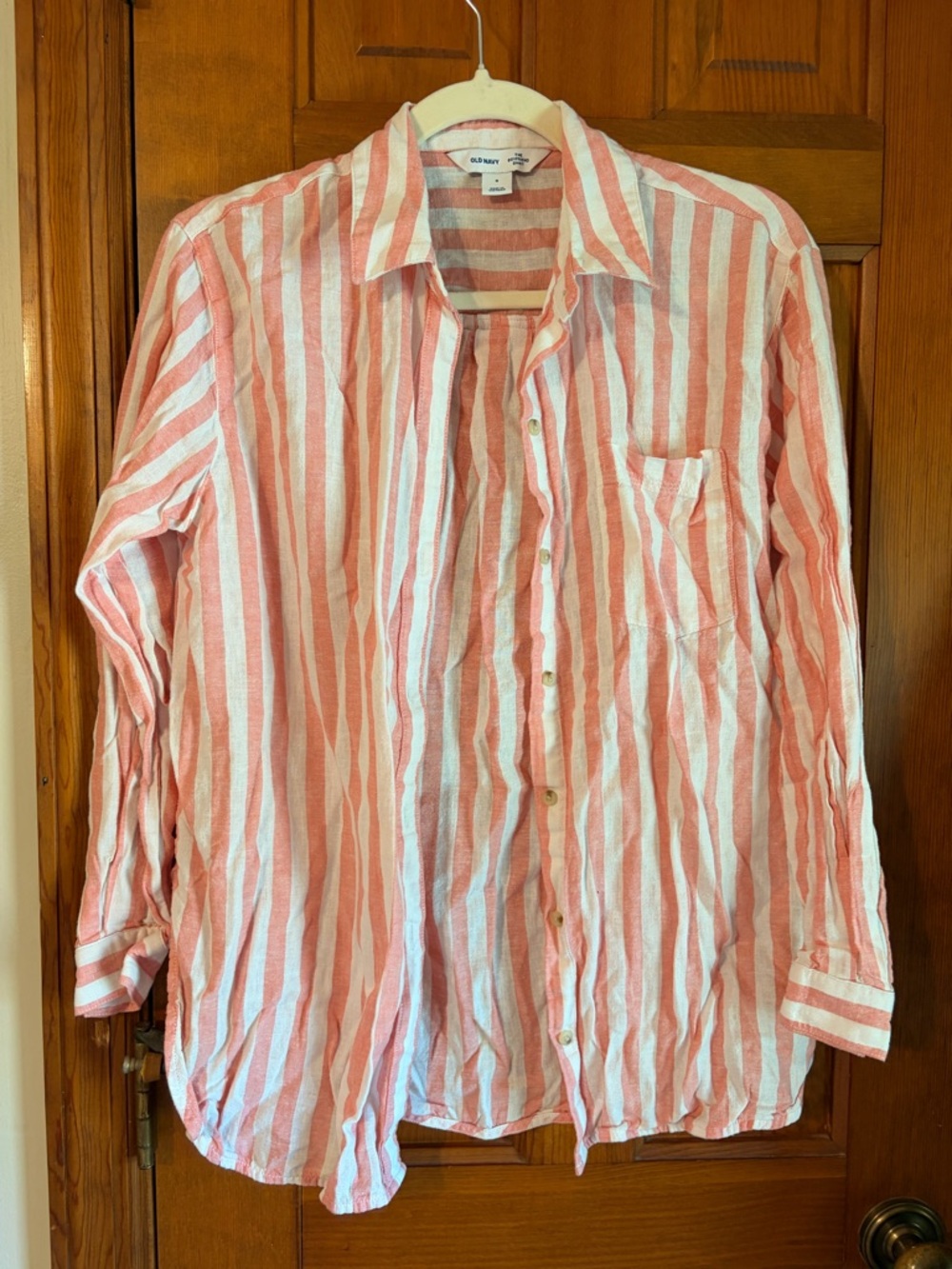 Old Navy Coral and White Striped Button-Down Shirt